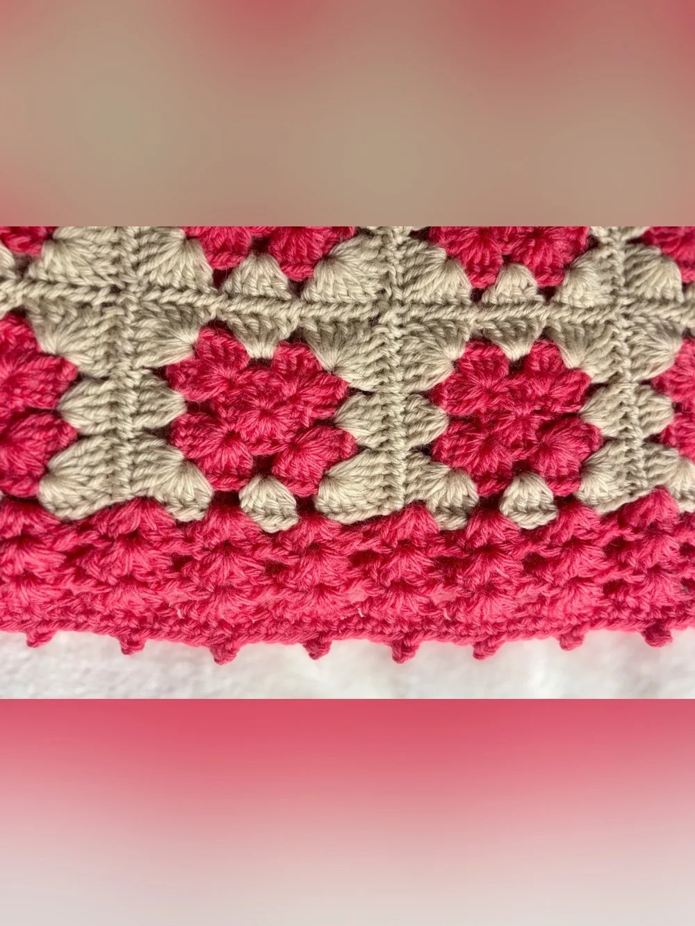 Vintage 70s Boho Crocheted Pink Gray Floral Granny Square Afghan Throw